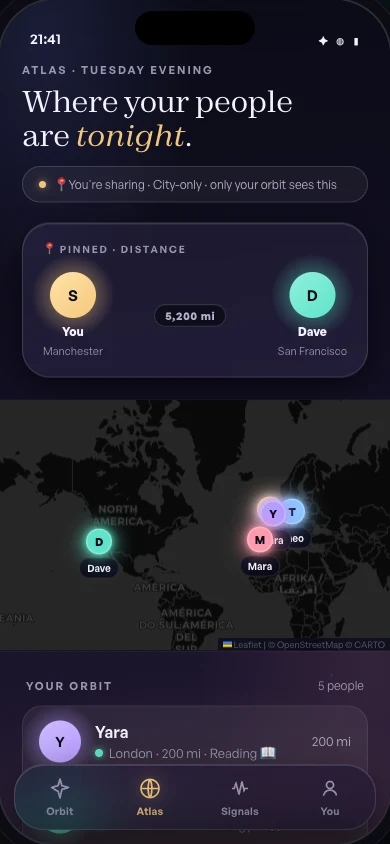The Atlas screen, a private map of where your people are
