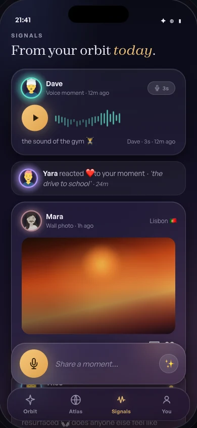 The Signals screen, your orbit's shared stream